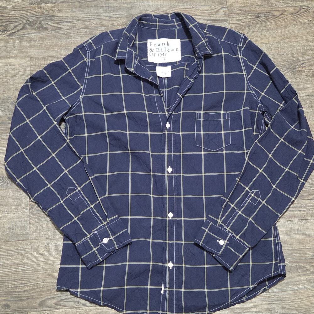 Frank & Eileen Barry Shirt L Navy Windowpane Plaid Button Down Italy Cotton